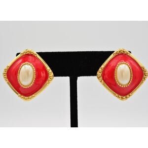 Vintage Red Earrings Enamel Faux Pearl Oval Gold Tone Chunky 1980s BinAE